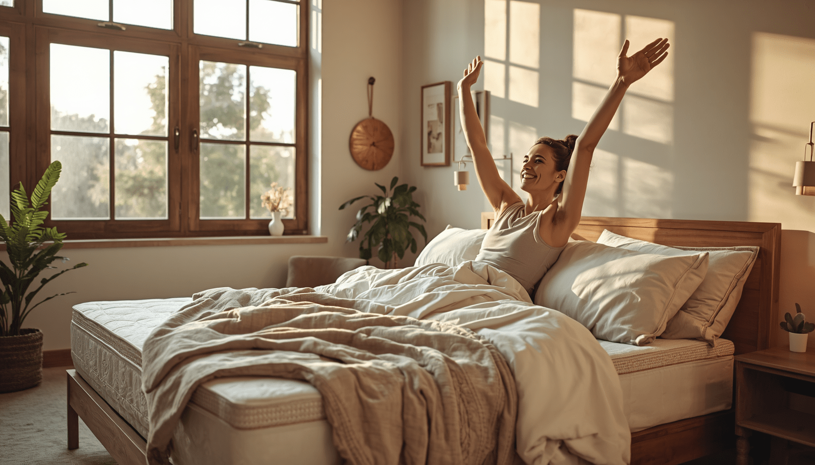 Person Waking Up Refreshed in Luxury Natural Mattress Bedroom